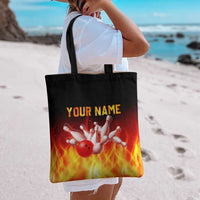 Bowling Ball and Pins Design Tote Bag with Flame Background and Custom Team Name Text - Wonder Print Shop