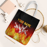 Bowling Ball and Pins Design Tote Bag with Flame Background and Custom Team Name Text - Wonder Print Shop