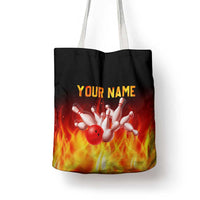 Bowling Ball and Pins Design Tote Bag with Flame Background and Custom Team Name Text - Wonder Print Shop