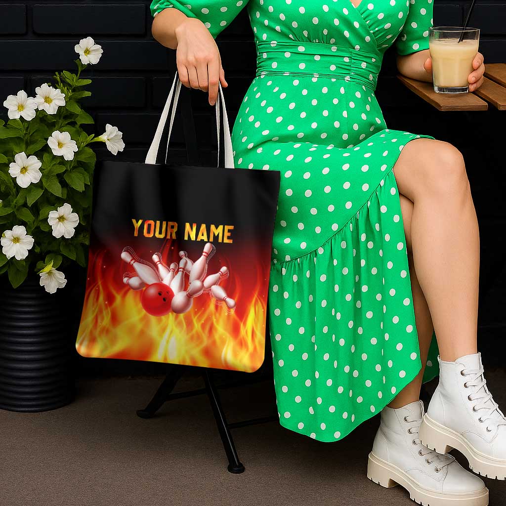 Bowling Ball and Pins Design Tote Bag with Flame Background and Custom Team Name Text - Wonder Print Shop
