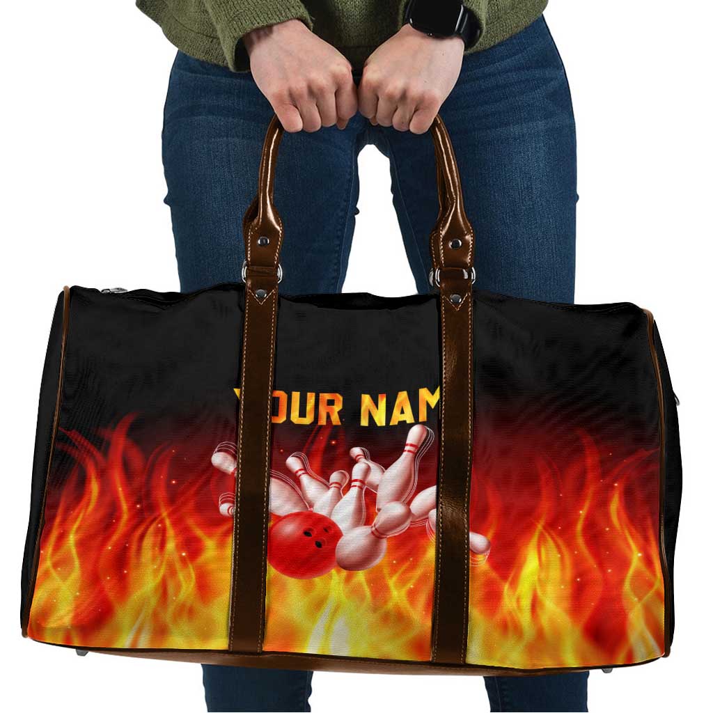 Bowling Ball and Pins Design Travel Bag with Flame Background and Custom Team Name Text - Wonder Print Shop