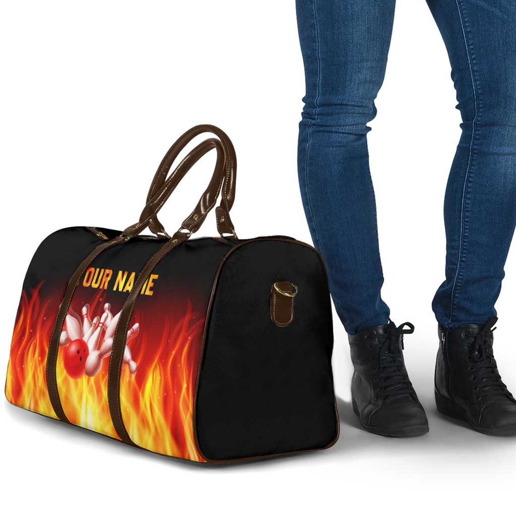 Bowling Ball and Pins Design Travel Bag with Flame Background and Custom Team Name Text - Wonder Print Shop