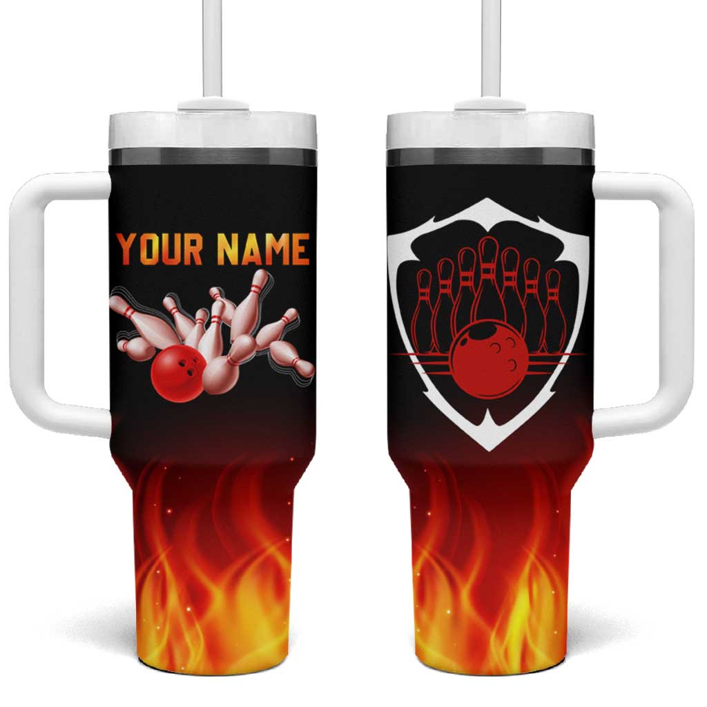 Bowling Ball and Pins Design Tumbler With Handle with Flame Background and Custom Team Name Text - Wonder Print Shop