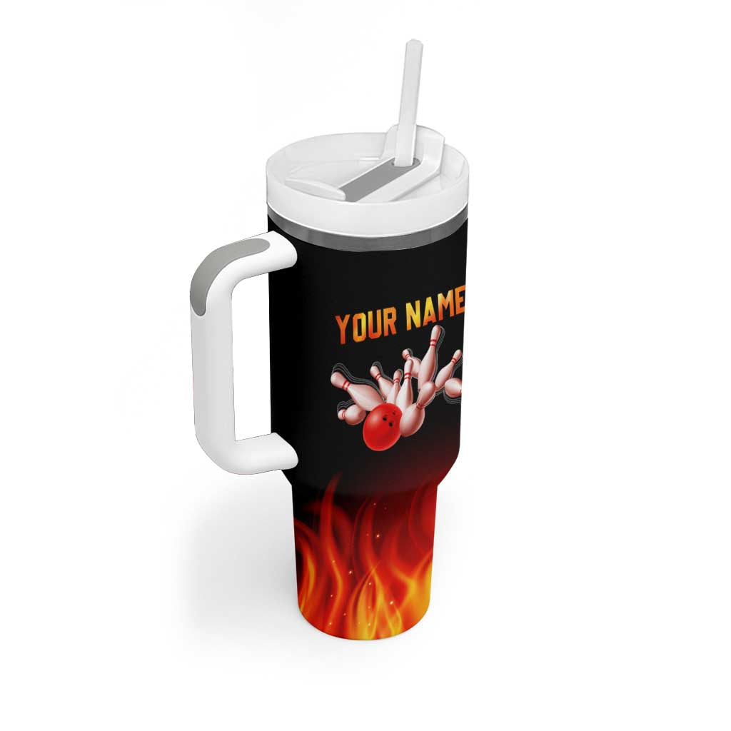 Bowling Ball and Pins Design Tumbler With Handle with Flame Background and Custom Team Name Text - Wonder Print Shop