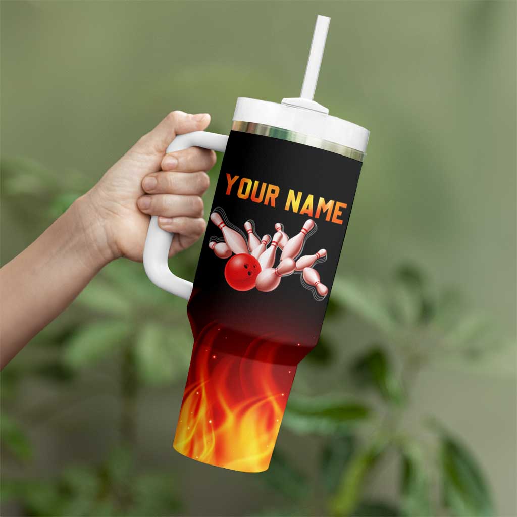 Bowling Ball and Pins Design Tumbler With Handle with Flame Background and Custom Team Name Text - Wonder Print Shop