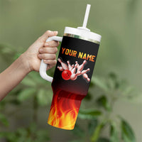 Bowling Ball and Pins Design Tumbler With Handle with Flame Background and Custom Team Name Text - Wonder Print Shop