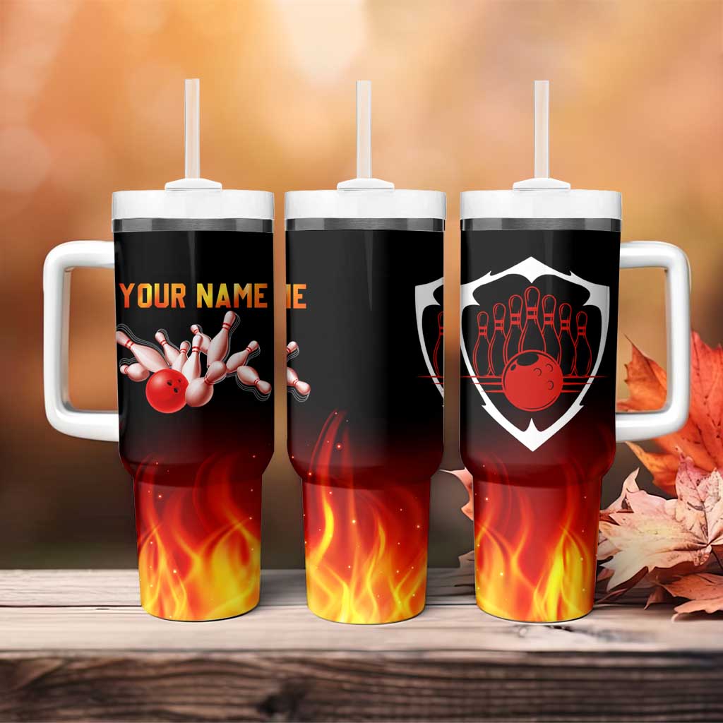 Bowling Ball and Pins Design Tumbler With Handle with Flame Background and Custom Team Name Text - Wonder Print Shop