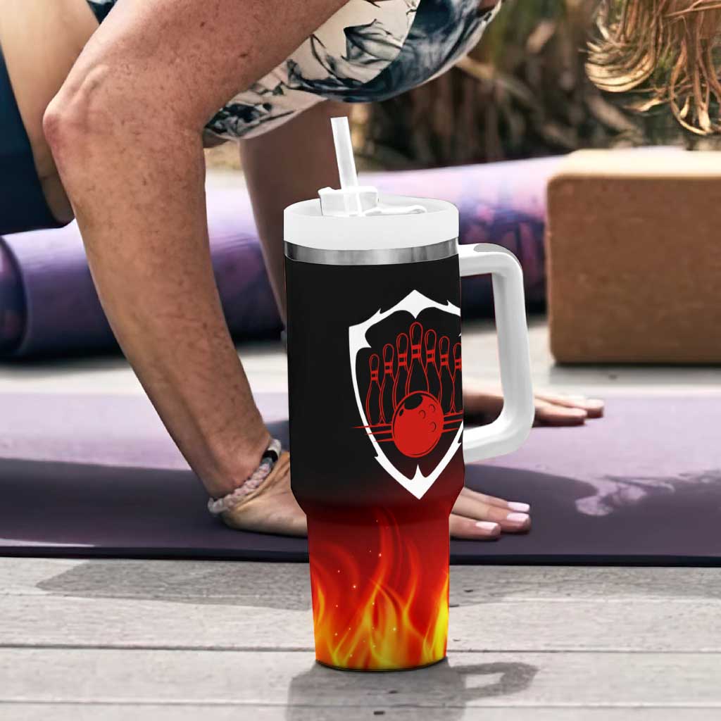Bowling Ball and Pins Design Tumbler With Handle with Flame Background and Custom Team Name Text - Wonder Print Shop