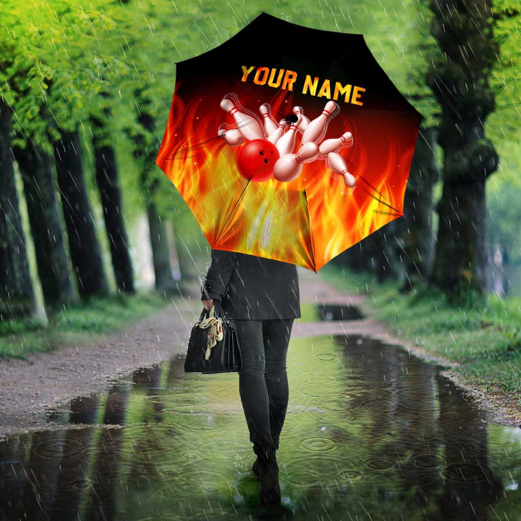 Bowling Ball and Pins Design Umbrella with Flame Background and Custom Team Name Text - Wonder Print Shop