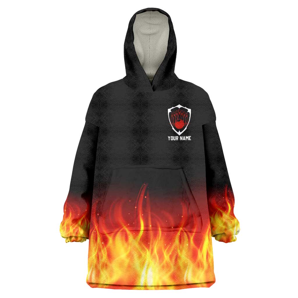 Bowling Ball and Pins Design Wearable Blanket Hoodie with Flame Background and Custom Team Name Text - Wonder Print Shop