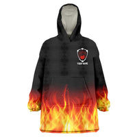 Bowling Ball and Pins Design Wearable Blanket Hoodie with Flame Background and Custom Team Name Text - Wonder Print Shop
