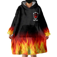 Bowling Ball and Pins Design Wearable Blanket Hoodie with Flame Background and Custom Team Name Text - Wonder Print Shop