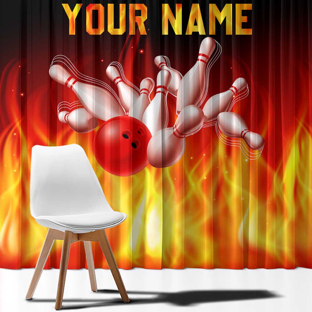 Bowling Ball and Pins Design Window Curtain with Flame Background and Custom Team Name Text - Wonder Print Shop