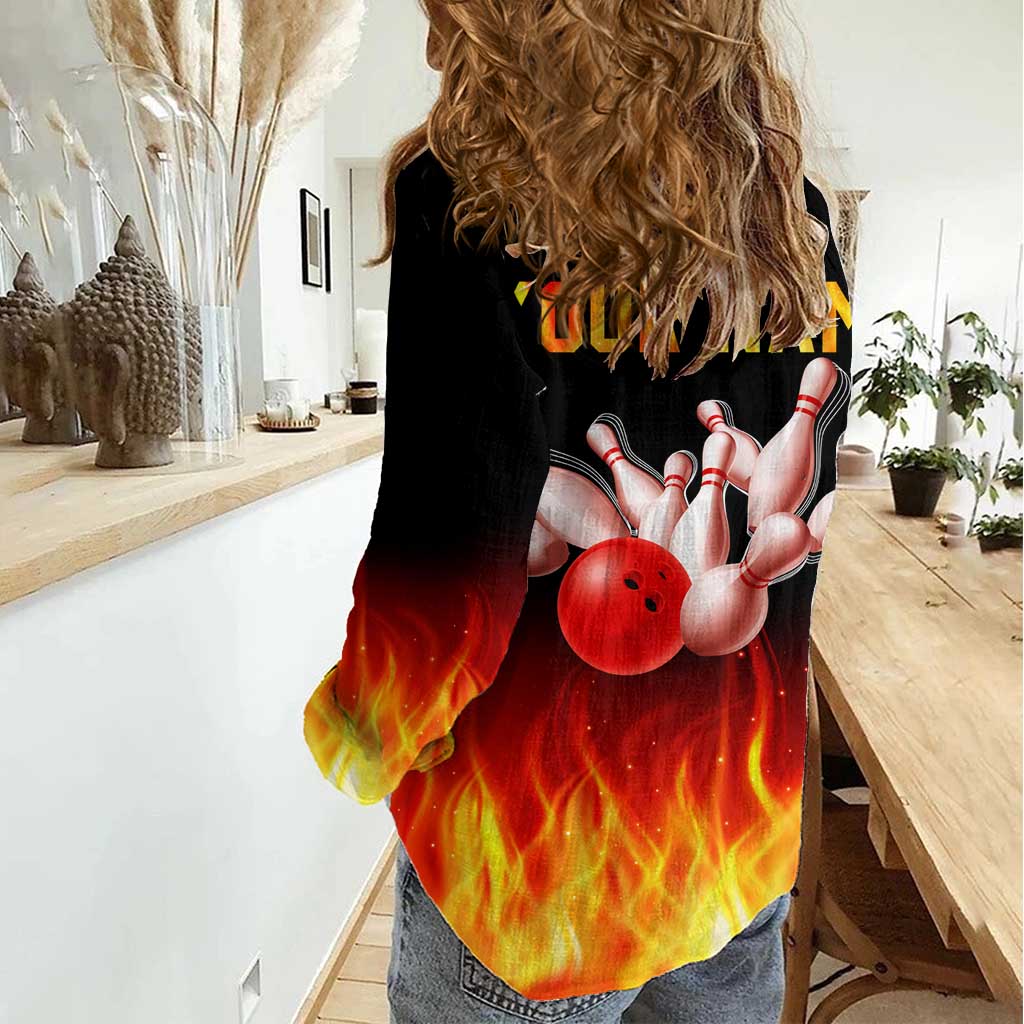 Bowling Ball and Pins Design Women Casual Shirt with Flame Background and Custom Team Name Text - Wonder Print Shop