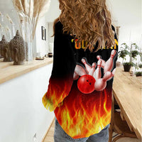 Bowling Ball and Pins Design Women Casual Shirt with Flame Background and Custom Team Name Text - Wonder Print Shop