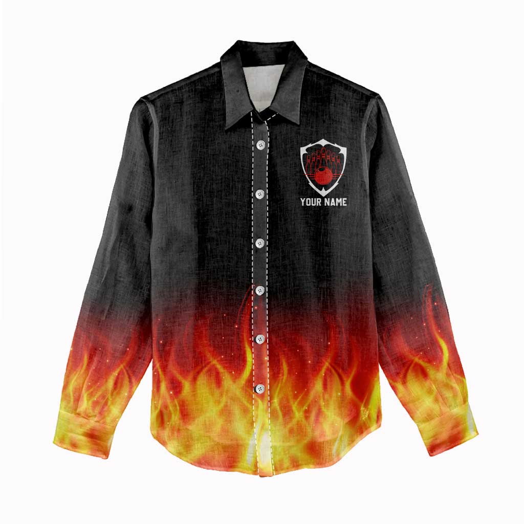 Bowling Ball and Pins Design Women Casual Shirt with Flame Background and Custom Team Name Text - Wonder Print Shop