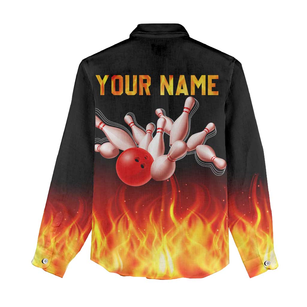Bowling Ball and Pins Design Women Casual Shirt with Flame Background and Custom Team Name Text - Wonder Print Shop