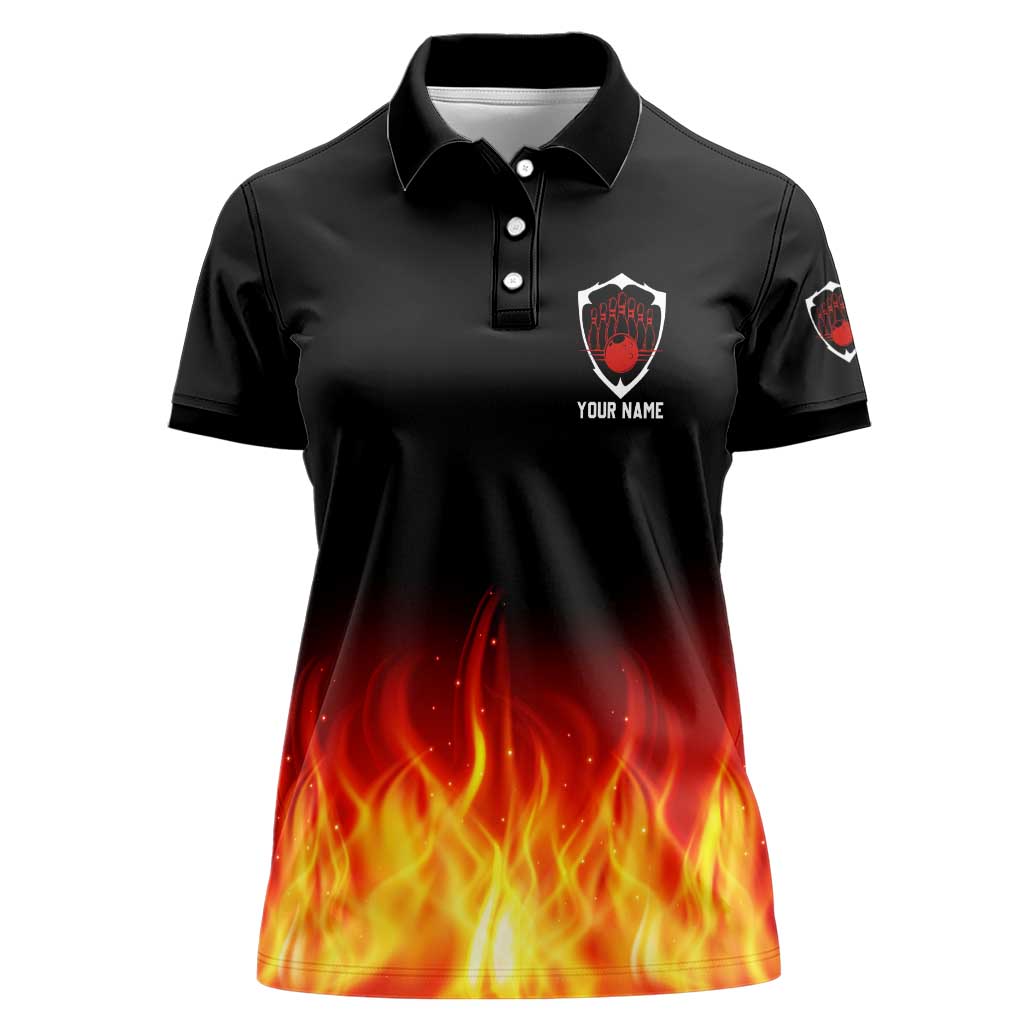 Bowling Ball and Pins Design Women Polo Shirt with Flame Background and Custom Team Name Text - Wonder Print Shop