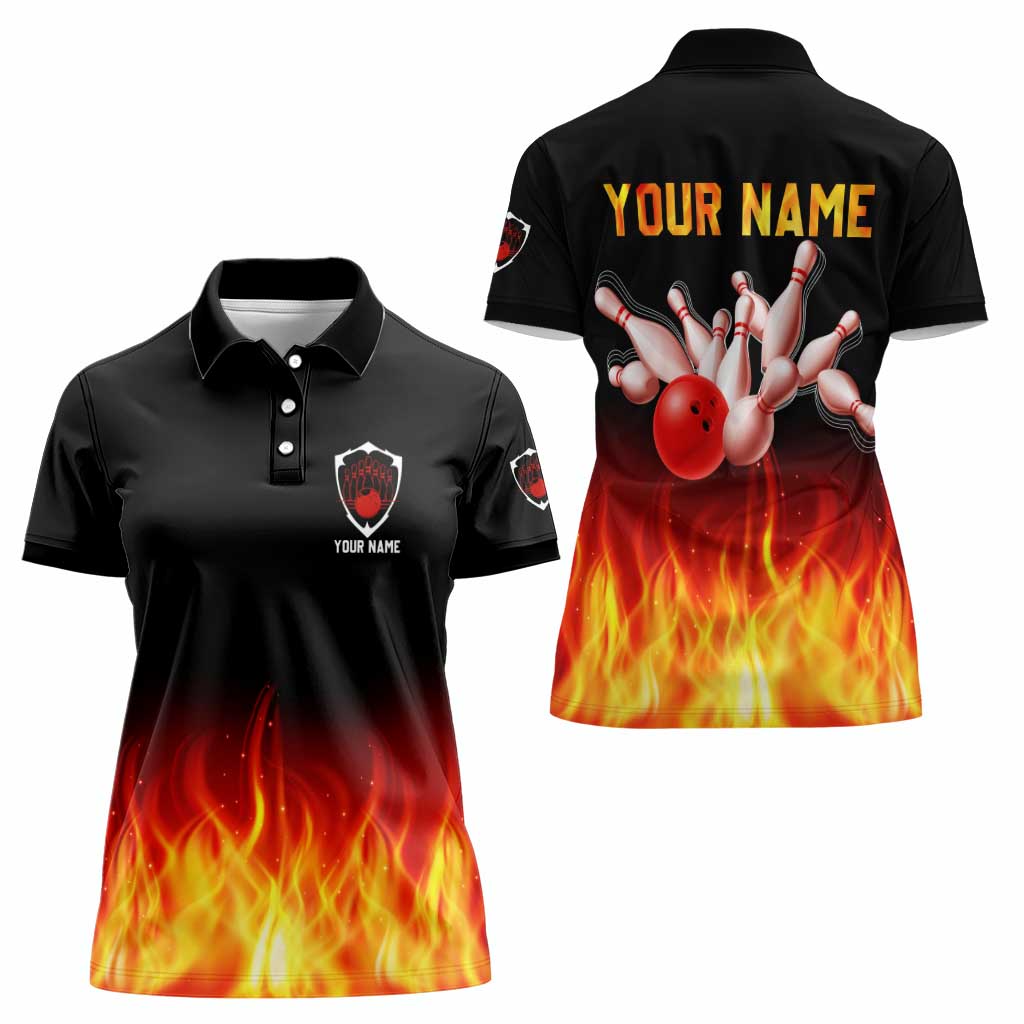 Bowling Ball and Pins Design Women Polo Shirt with Flame Background and Custom Team Name Text - Wonder Print Shop
