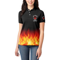Bowling Ball and Pins Design Women Polo Shirt with Flame Background and Custom Team Name Text - Wonder Print Shop
