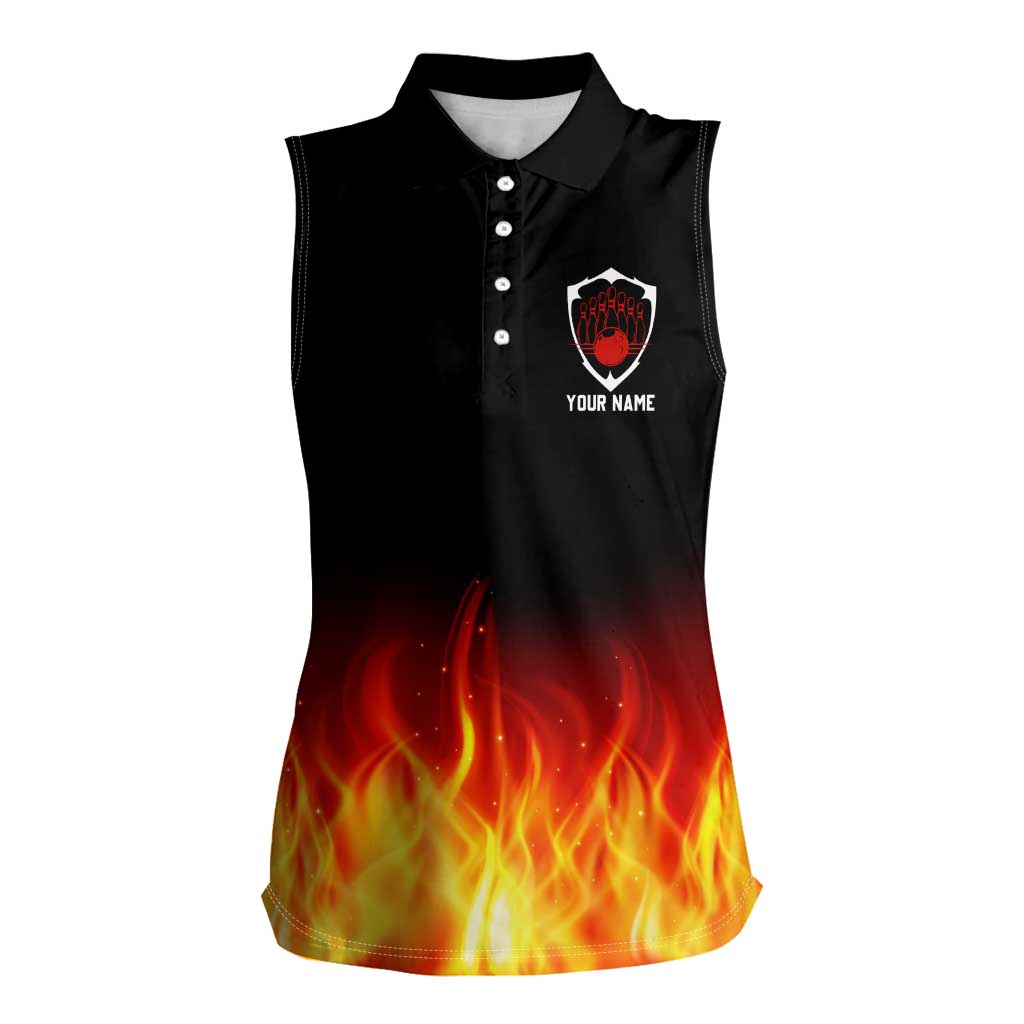 Bowling Ball and Pins Design Women Sleeveless Polo Shirt with Flame Background and Custom Team Name Text - Wonder Print Shop