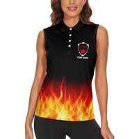 Bowling Ball and Pins Design Women Sleeveless Polo Shirt with Flame Background and Custom Team Name Text - Wonder Print Shop