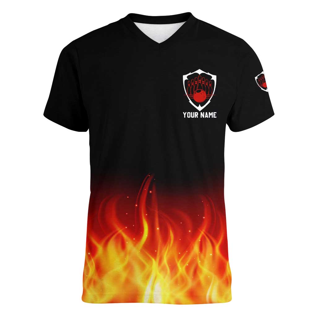 Bowling Ball and Pins Design Women V-Neck T-Shirt with Flame Background and Custom Team Name Text - Wonder Print Shop
