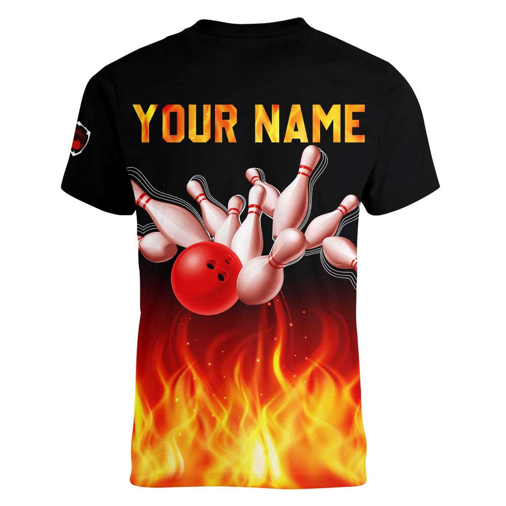 Bowling Ball and Pins Design Women V-Neck T-Shirt with Flame Background and Custom Team Name Text - Wonder Print Shop