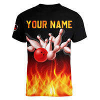 Bowling Ball and Pins Design Women V-Neck T-Shirt with Flame Background and Custom Team Name Text - Wonder Print Shop