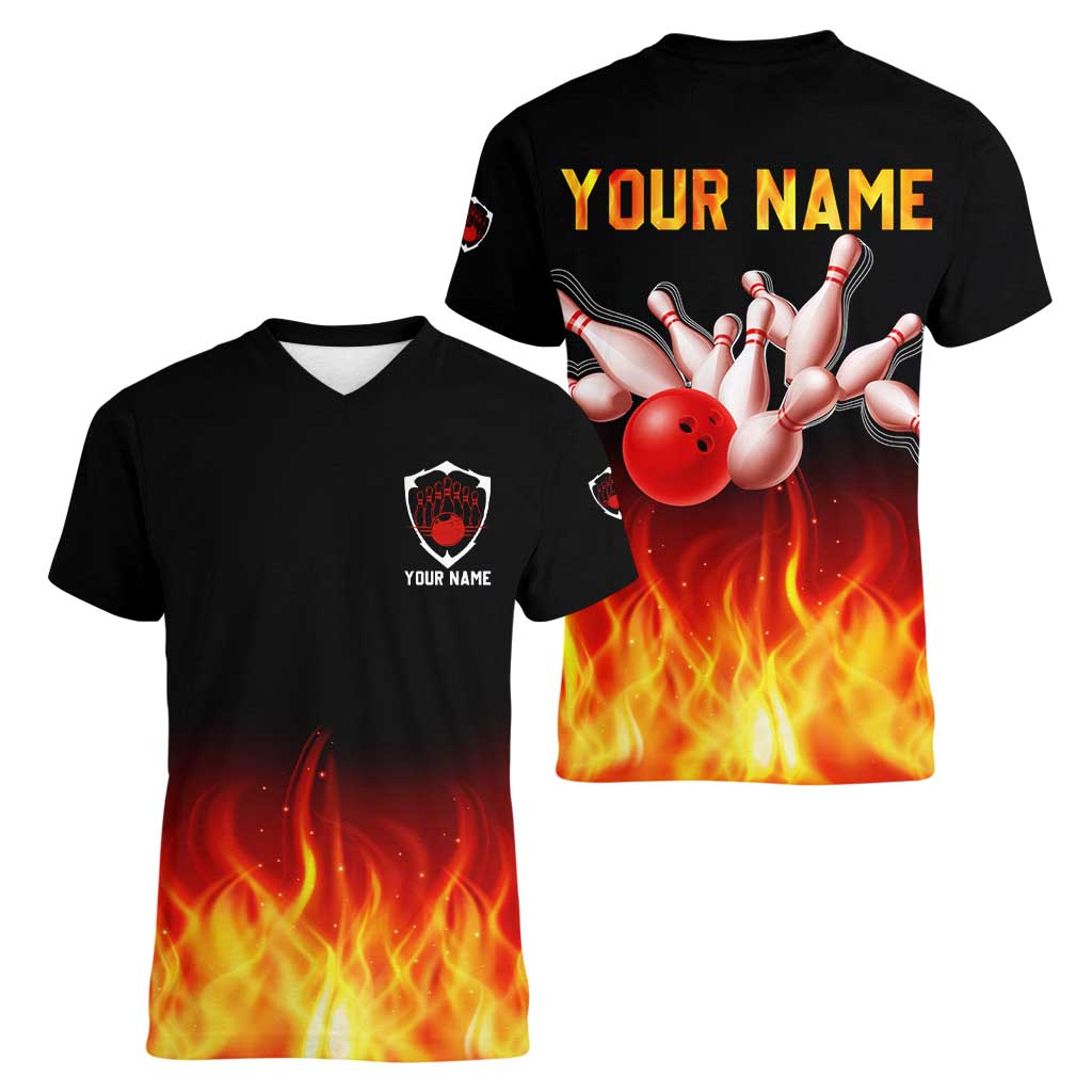 Bowling Ball and Pins Design Women V-Neck T-Shirt with Flame Background and Custom Team Name Text - Wonder Print Shop