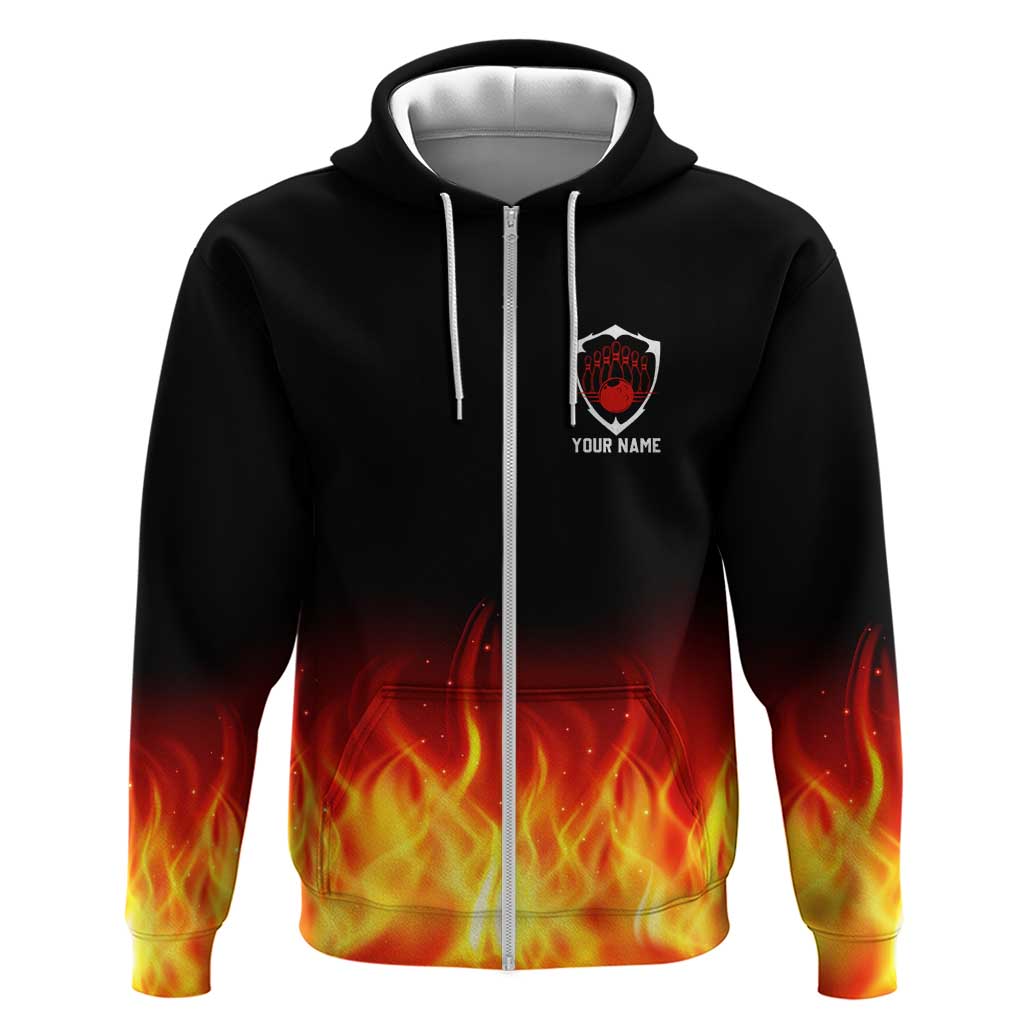 Bowling Ball and Pins Design Zip Hoodie with Flame Background and Custom Team Name Text - Wonder Print Shop