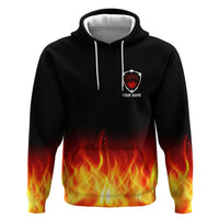 Bowling Ball and Pins Design Zip Hoodie with Flame Background and Custom Team Name Text - Wonder Print Shop