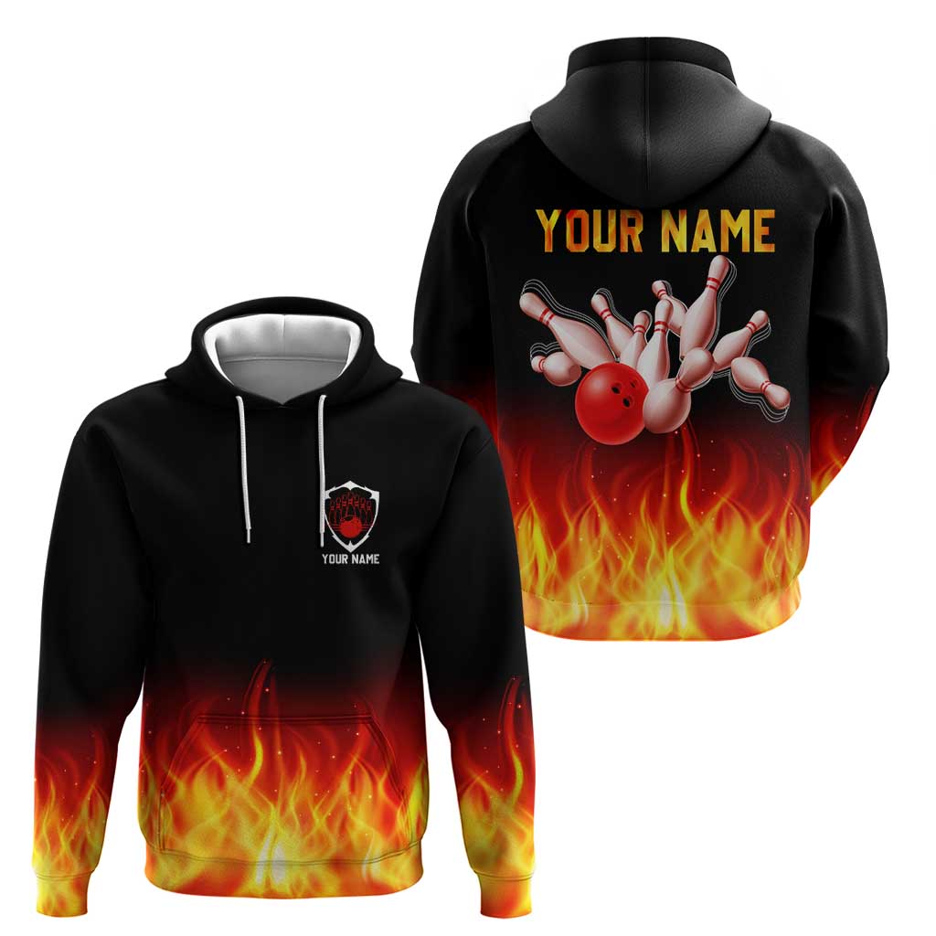 Bowling Ball and Pins Design Zip Hoodie with Flame Background and Custom Team Name Text - Wonder Print Shop