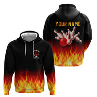 Bowling Ball and Pins Design Zip Hoodie with Flame Background and Custom Team Name Text - Wonder Print Shop