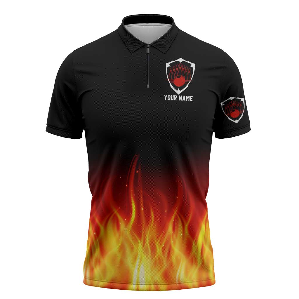 Bowling Ball and Pins Design Zipper Polo Shirt with Flame Background and Custom Team Name Text - Wonder Print Shop