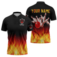Bowling Ball and Pins Design Zipper Polo Shirt with Flame Background and Custom Team Name Text - Wonder Print Shop