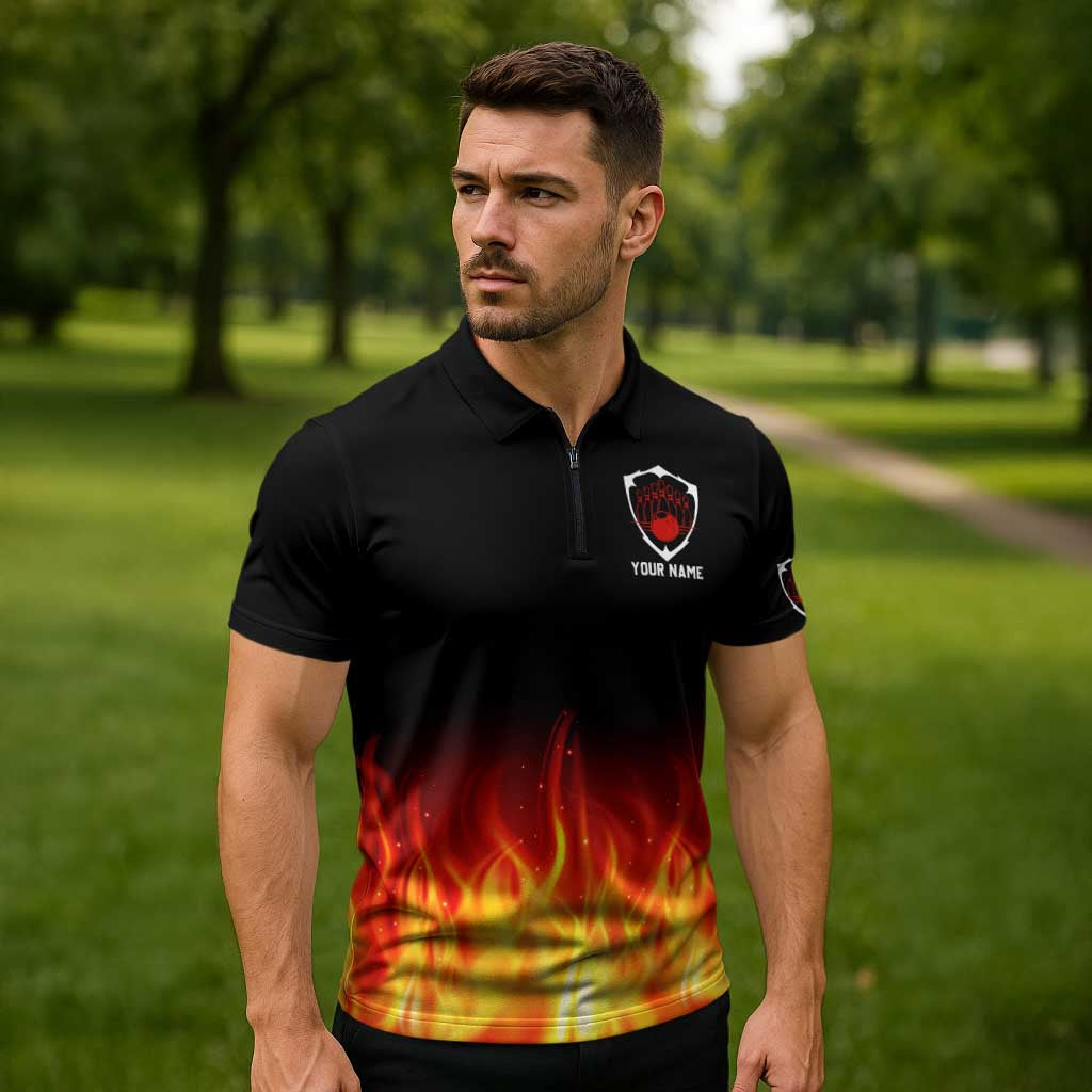 Bowling Ball and Pins Design Zipper Polo Shirt with Flame Background and Custom Team Name Text - Wonder Print Shop