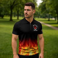 Bowling Ball and Pins Design Zipper Polo Shirt with Flame Background and Custom Team Name Text - Wonder Print Shop