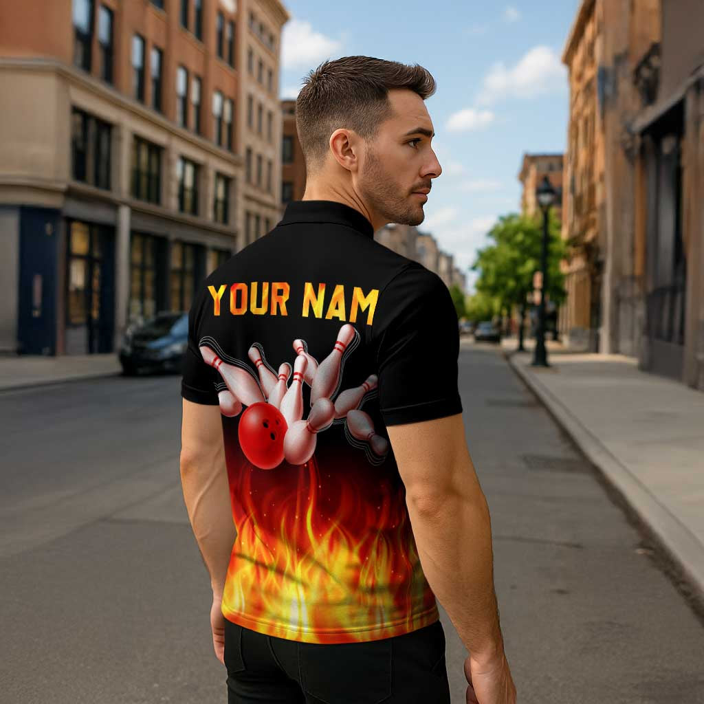 Bowling Ball and Pins Design Zipper Polo Shirt with Flame Background and Custom Team Name Text - Wonder Print Shop