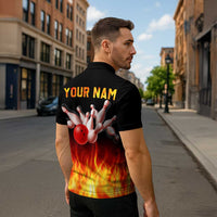 Bowling Ball and Pins Design Zipper Polo Shirt with Flame Background and Custom Team Name Text - Wonder Print Shop