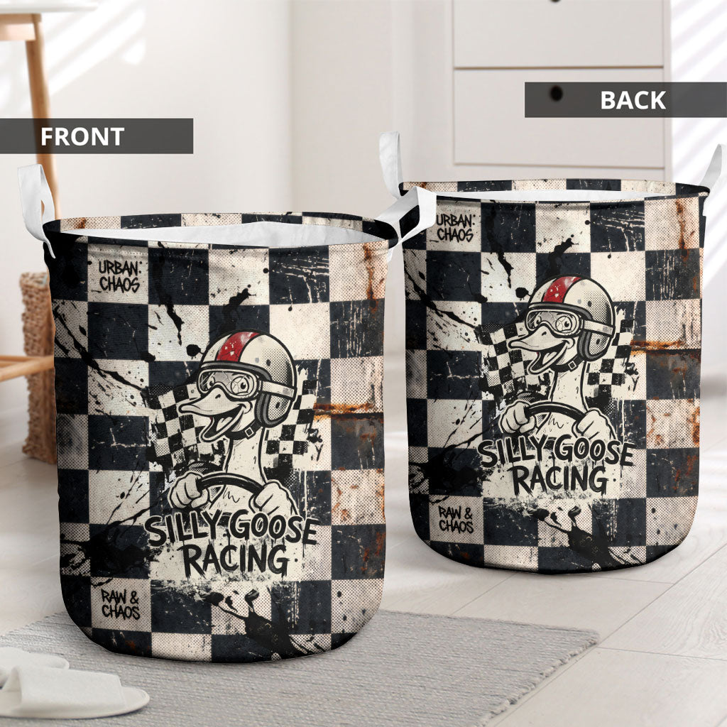 Silly Goose Racing Motorsport Laundry Basket Vintage Distressed Checkered Flag - Cartoon Race Car