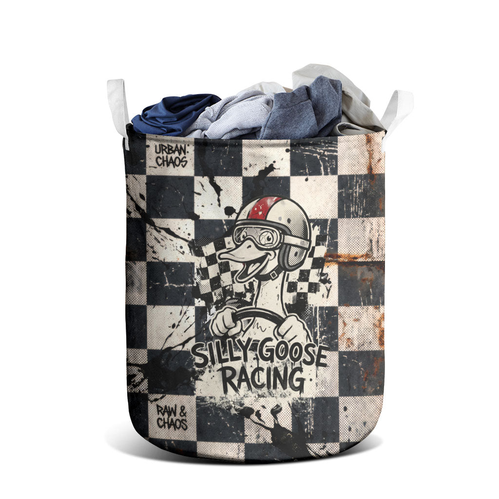 Silly Goose Racing Motorsport Laundry Basket Vintage Distressed Checkered Flag - Cartoon Race Car