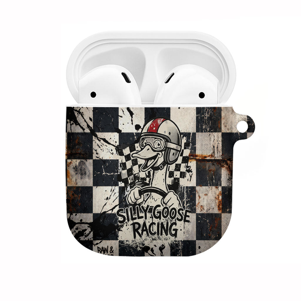 Silly Goose Racing Motorsport AirPods Case Vintage Distressed Checkered Flag - Cartoon Race Car
