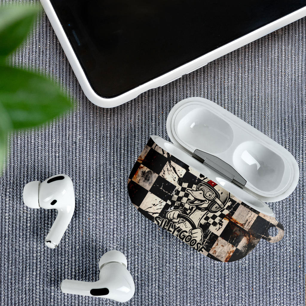 Silly Goose Racing Motorsport AirPods Case Vintage Distressed Checkered Flag - Cartoon Race Car