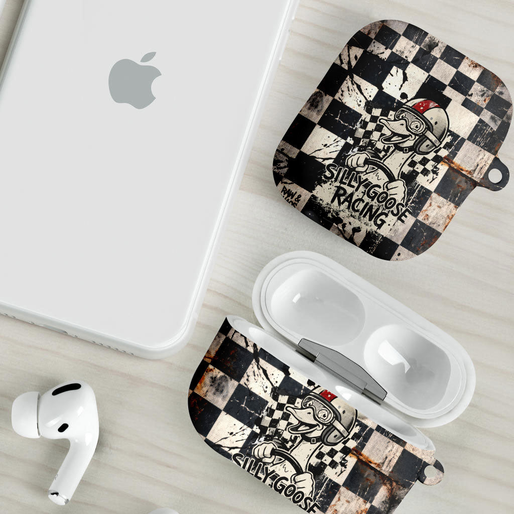 Silly Goose Racing Motorsport AirPods Case Vintage Distressed Checkered Flag - Cartoon Race Car