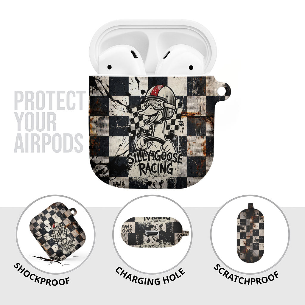 Silly Goose Racing Motorsport AirPods Case Vintage Distressed Checkered Flag - Cartoon Race Car