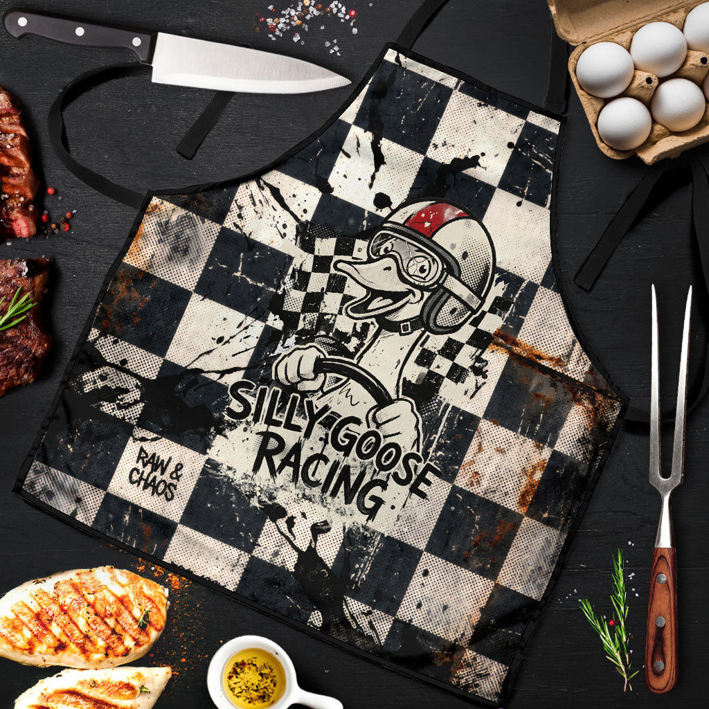Silly Goose Racing Motorsport Apron Vintage Distressed Checkered Flag - Cartoon Race Car