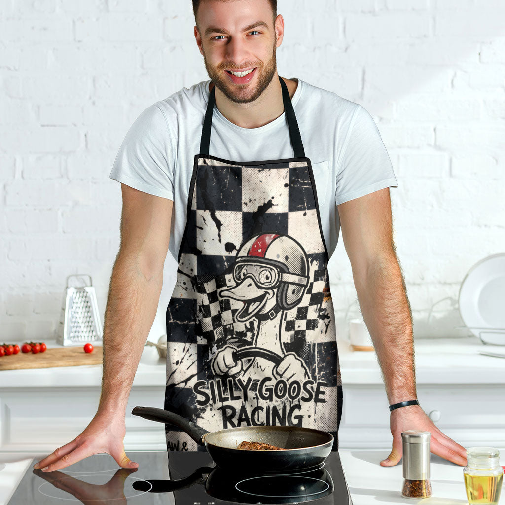 Silly Goose Racing Motorsport Apron Vintage Distressed Checkered Flag - Cartoon Race Car