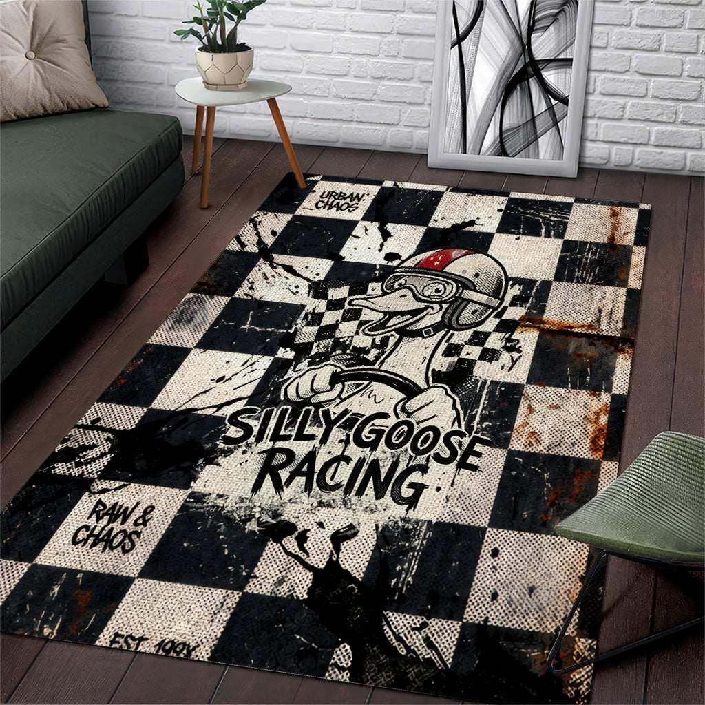 Silly Goose Racing Motorsport Area Rug Vintage Distressed Checkered Flag - Cartoon Race Car