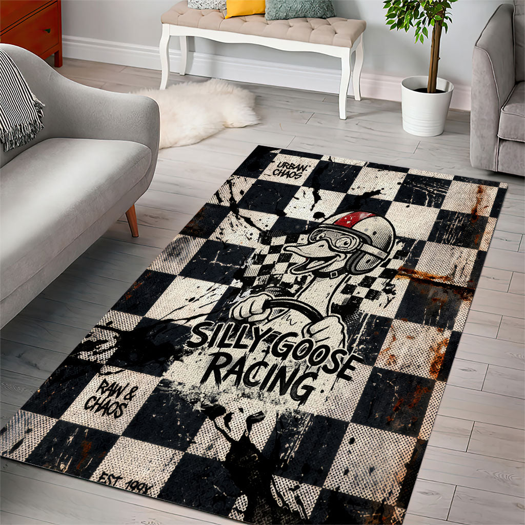Silly Goose Racing Motorsport Area Rug Vintage Distressed Checkered Flag - Cartoon Race Car